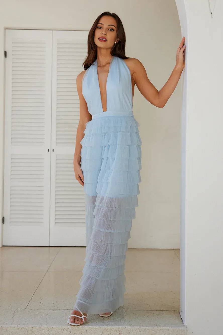 Blue Discount Halter Tie Tiered Ruffle Maxi Prom Dress For Women Custom