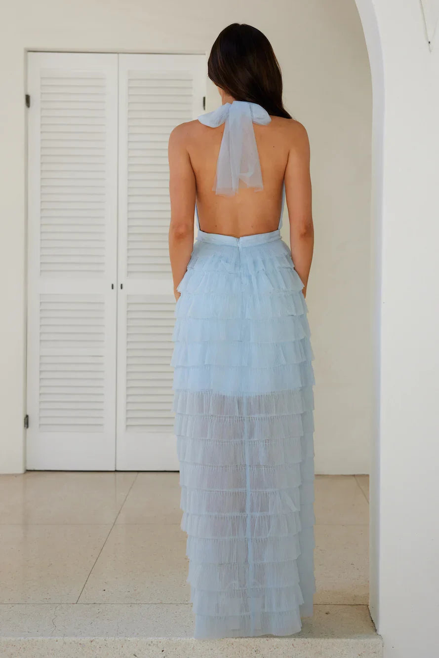 Blue Discount Halter Tie Tiered Ruffle Maxi Prom Dress For Women Custom