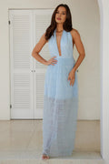 Blue Discount Halter Tie Tiered Ruffle Maxi Prom Dress For Women Custom
