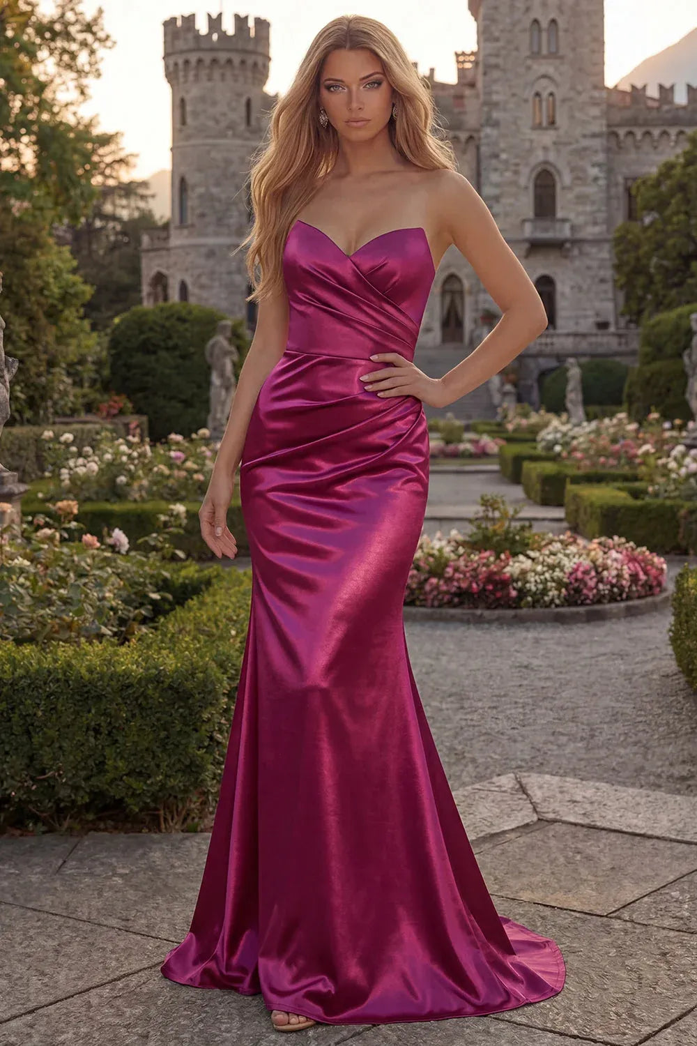 Discount Mermaid Strapless Ruched Fuchsia Long Prom Dress Custom