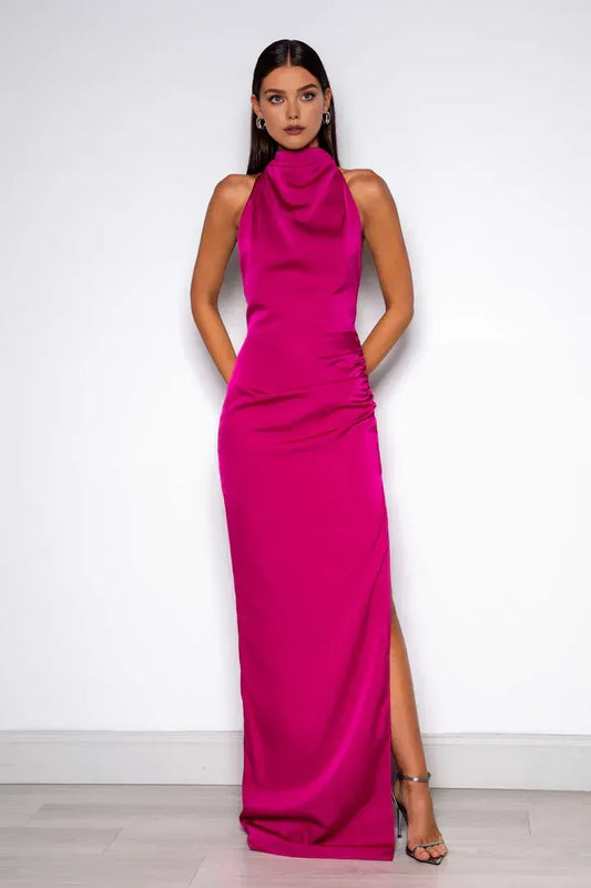 Beautiful Timeless Elegant Red Satin Sheath High Neck Sleeveless Floor-Length Prom Dress