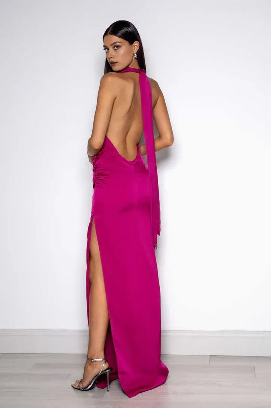 Beautiful Timeless Elegant Red Satin Sheath High Neck Sleeveless Floor-Length Prom Dress