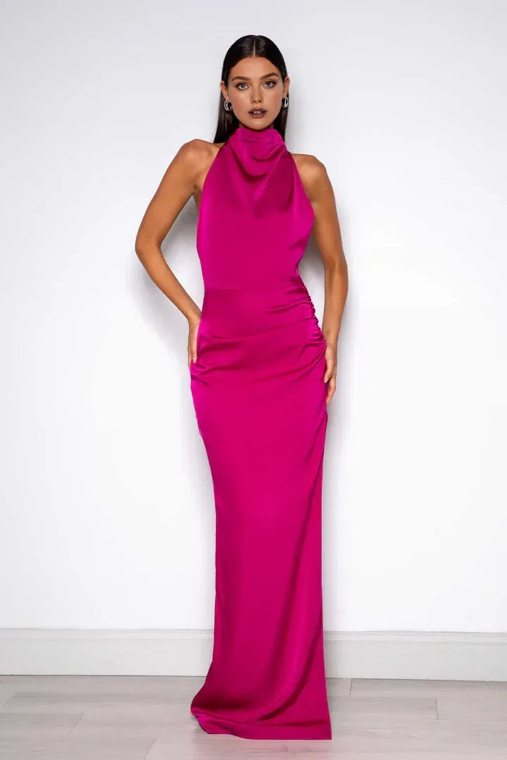 Beautiful Timeless Elegant Red Satin Sheath High Neck Sleeveless Floor-Length Prom Dress