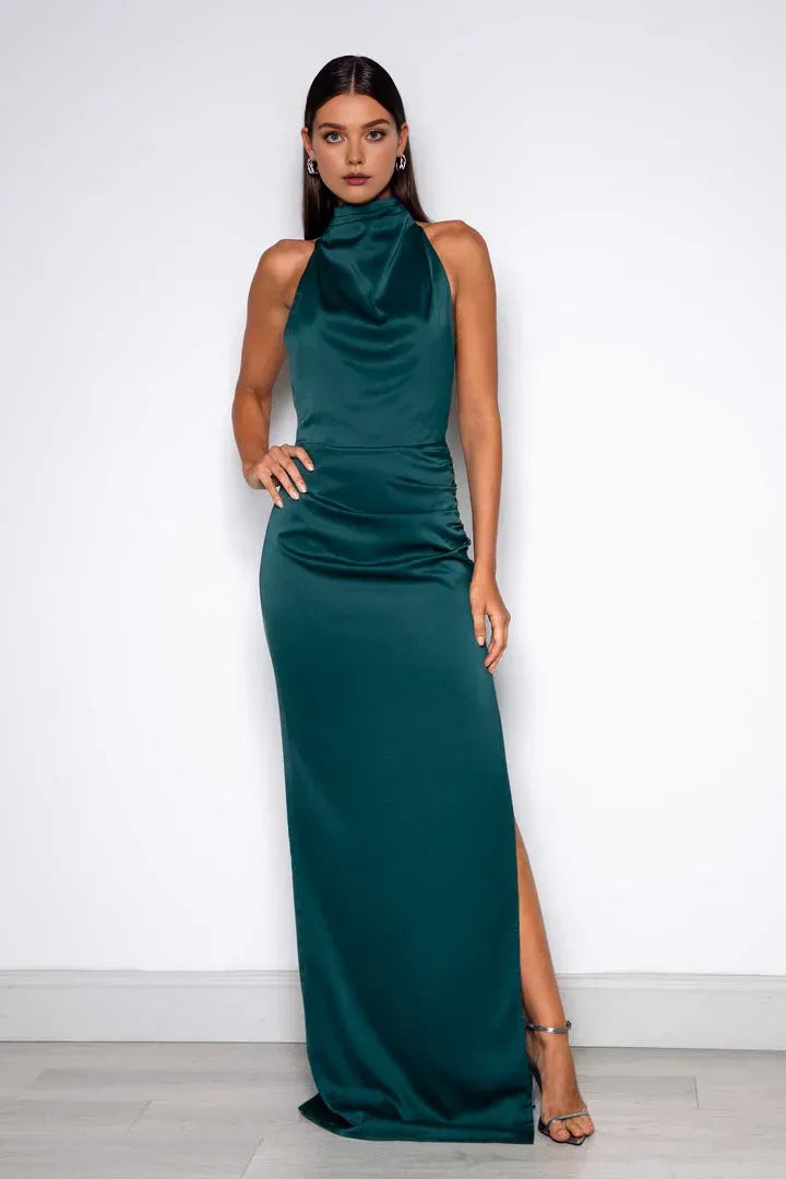 Beautiful Timeless Elegant Red Satin Sheath High Neck Sleeveless Floor-Length Prom Dress