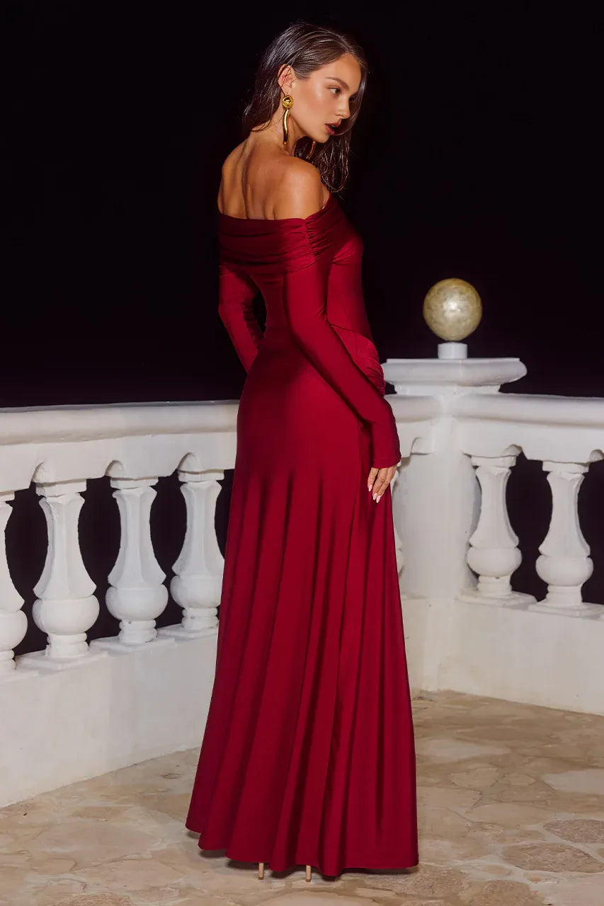 Stylish Refined Beautiful Elegant Burgundy Satin Sheath Long Sleeve Floor-Length Prom Dress