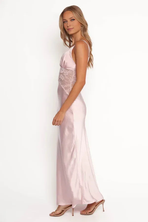 Graceful Stylish Refined Elegant Blush Pink Satin Sheath Sleeveless Floor-Length Prom Dress
