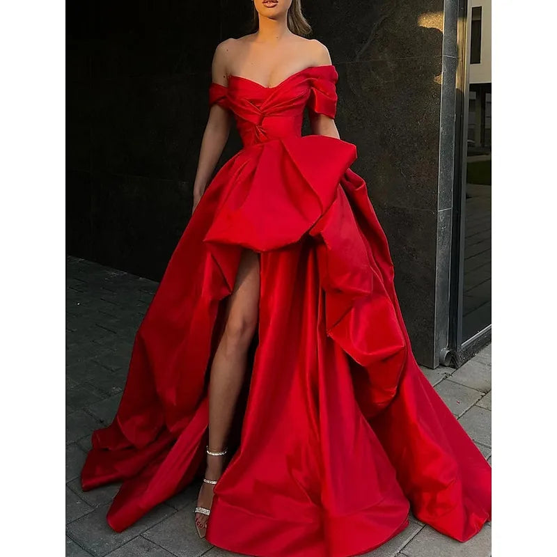 Red Dramatic Ball Gown Off-the-shoulder Cap-sleeved Ruffled Maxi Prom Dress for Women Custom