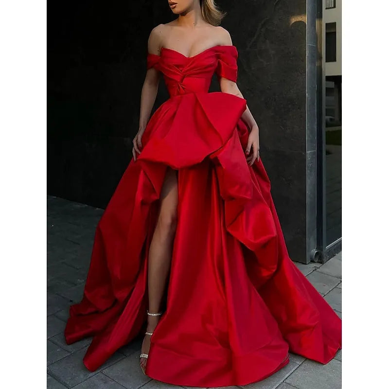 Red Dramatic Ball Gown Off-the-shoulder Cap-sleeved Ruffled Maxi Prom Dress for Women Custom