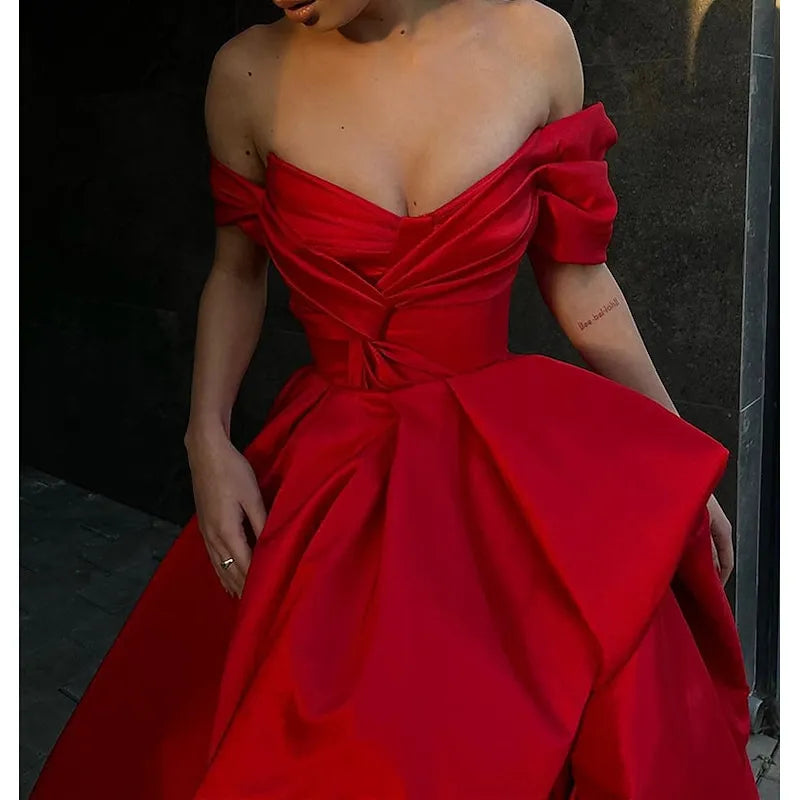 Red Dramatic Ball Gown Off-the-shoulder Cap-sleeved Ruffled Maxi Prom Dress for Women Custom