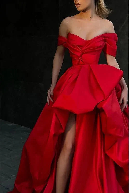 Red Dramatic Ball Gown Off-the-shoulder Cap-sleeved Ruffled Maxi Prom Dress for Women Custom