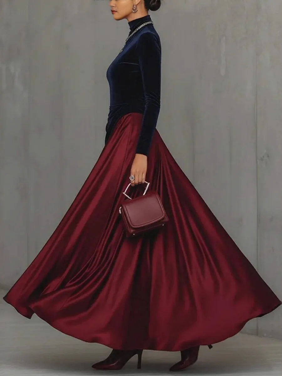 Burgundy Dramatic High Neck Long Sleeve Color-Blocked & Burgundy Maxi Prom Dress for Women Custom