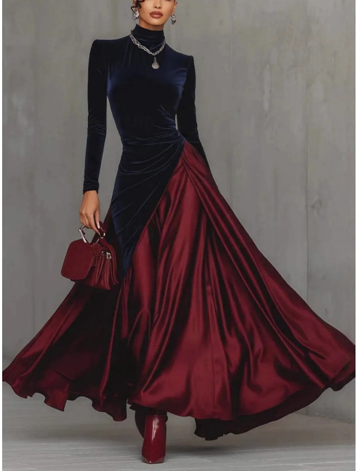 Burgundy Dramatic High Neck Long Sleeve Color-Blocked & Burgundy Maxi Prom Dress for Women Custom