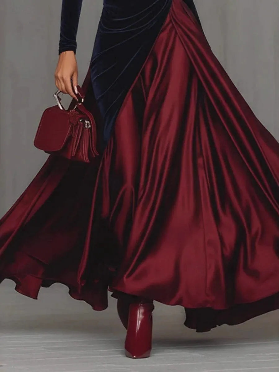 Burgundy Dramatic High Neck Long Sleeve Color-Blocked & Burgundy Maxi Prom Dress for Women Custom