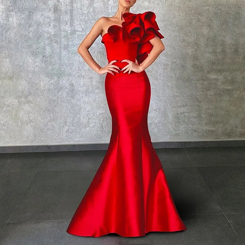 Red Dramatic Mermaid One-shoulder Sleeveless Ruffled Maxi Prom Dress for Women Hot Sale