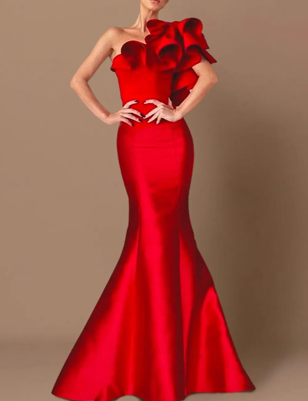 Red Dramatic Mermaid One-shoulder Sleeveless Ruffled Maxi Prom Dress for Women Hot Sale