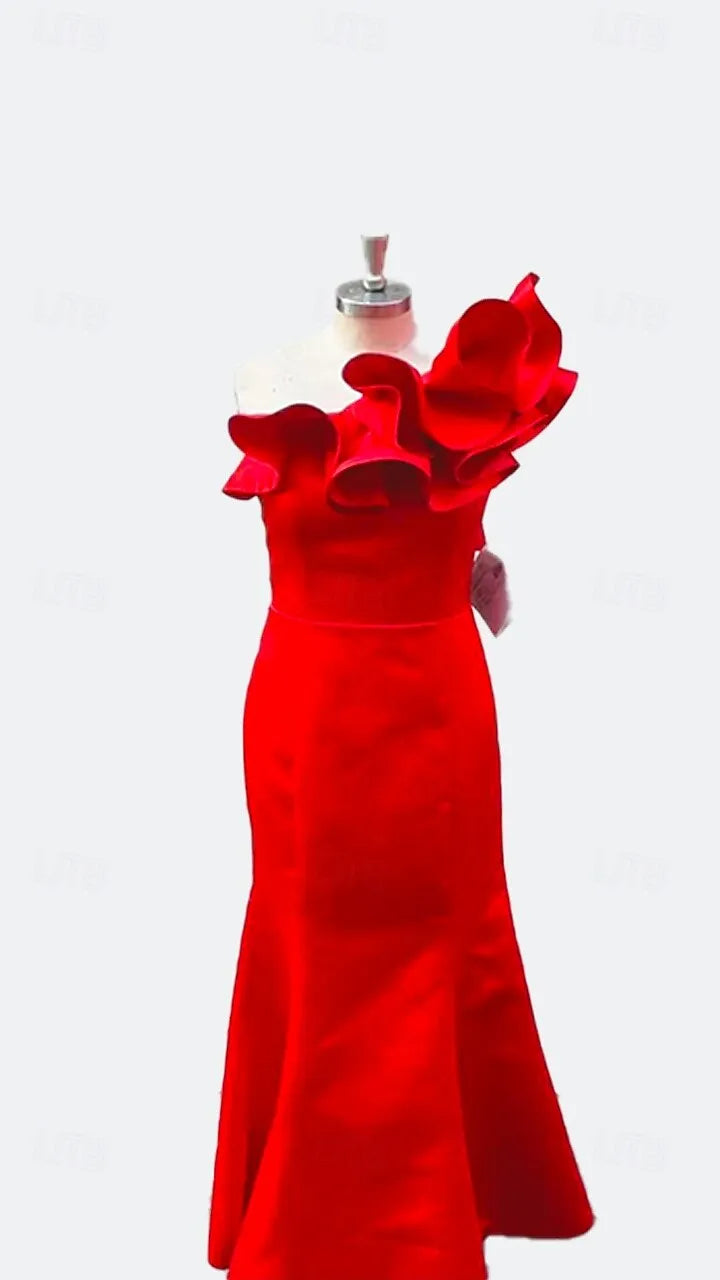 Red Dramatic Mermaid One-shoulder Sleeveless Ruffled Maxi Prom Dress for Women Hot Sale