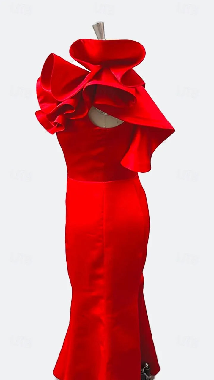 Red Dramatic Mermaid One-shoulder Sleeveless Ruffled Maxi Prom Dress for Women Hot Sale