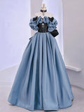 Blue Dramatic Off-the-Shoulder Bow Dusty Floor-Length Party Dress