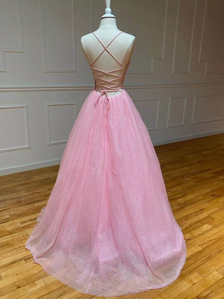 Pink Dreamy A-Line V-Neck Sleeveless Glitter Floor-Length Prom Dress