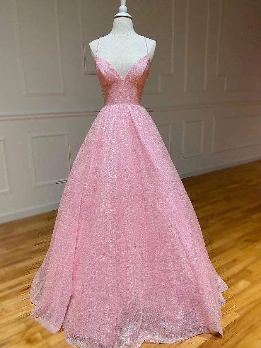 Pink Dreamy A-Line V-Neck Sleeveless Glitter Floor-Length Prom Dress