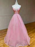 Pink Dreamy A-Line V-Neck Sleeveless Glitter Floor-Length Prom Dress