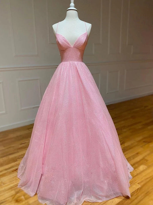 Elegant Pink Lace A-Line V-Neck Sleeveless Lace-Up-Back Floor-Length Prom Dress