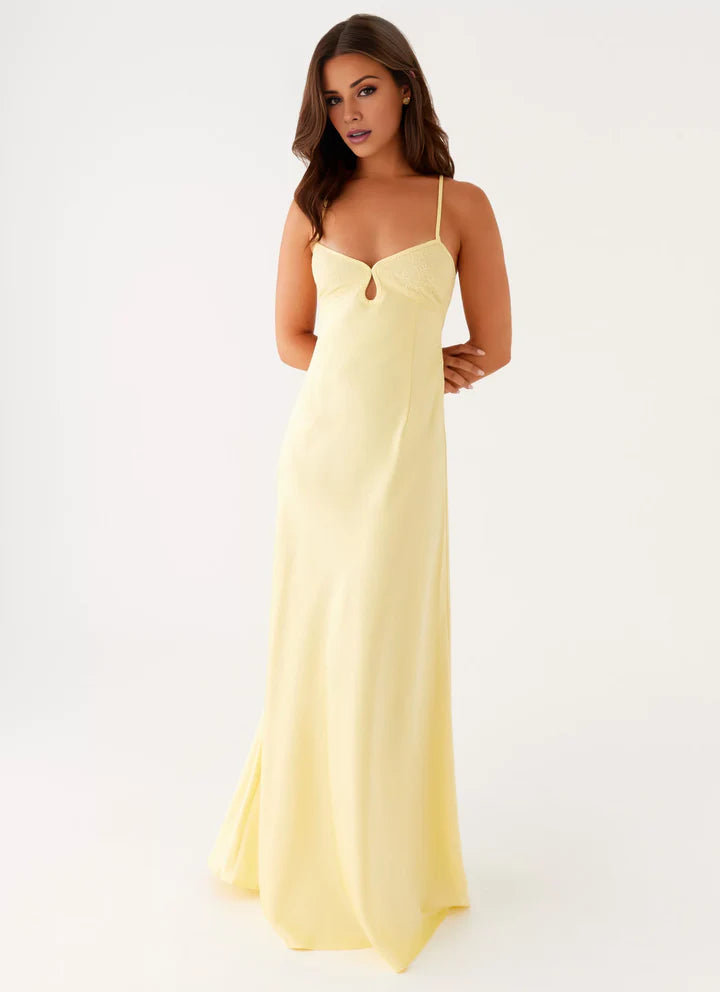 Pale Yellow Lace-Bust Keyhole Cross-Back Prom Dress