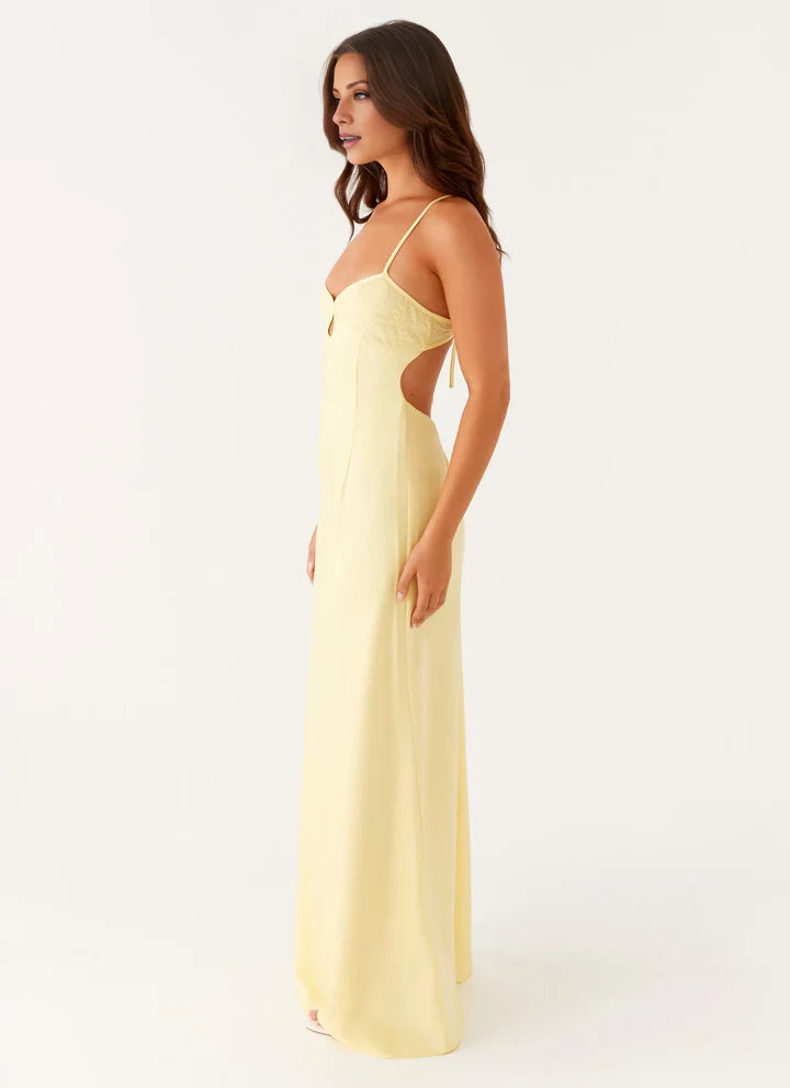 Pale Yellow Lace-Bust Keyhole Cross-Back Prom Dress