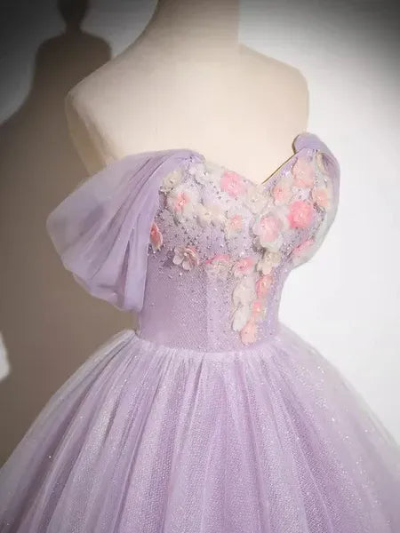 Lavender Dreamy Ball Gown Off Shoulder Floral Appliques Glitter Long Prom Dress