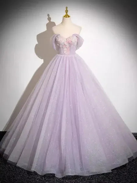 Lavender Dreamy Ball Gown Off Shoulder Floral Appliques Glitter Long Prom Dress