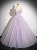 Lavender Dreamy Ball Gown Off Shoulder Floral Appliques Glitter Long Prom Dress