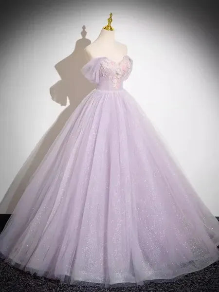 Lavender Dreamy Ball Gown Off Shoulder Floral Appliques Glitter Long Prom Dress