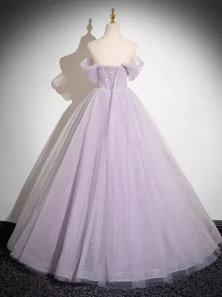 Lavender Dreamy Ball Gown Off Shoulder Floral Appliques Glitter Long Prom Dress