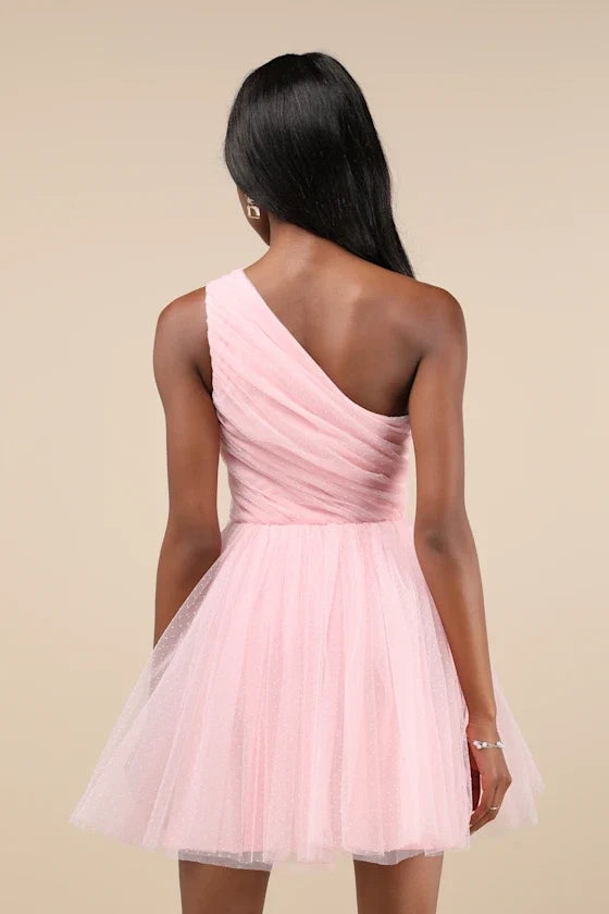 Blush Pink Dreamy Blush Pink One - Shoulder Homecoming Dress with Dotted Detailing Flowy Tie Skirt & Elegant Ruched Bodice Perfect for Teen School Dances Formal Occasions Creating Unforgettable Memories
