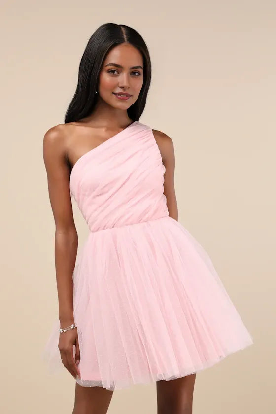 Blush Pink Dreamy Blush Pink One - Shoulder Homecoming Dress with Dotted Detailing Flowy Tie Skirt & Elegant Ruched Bodice Perfect for Teen School Dances Formal Occasions Creating Unforgettable Memories