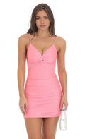 Pink Dreamy Neon Homecoming Dress Spaghetti Straps Twist Front Ruched Bodycon Skirt Mini Length Ideal for Homecoming