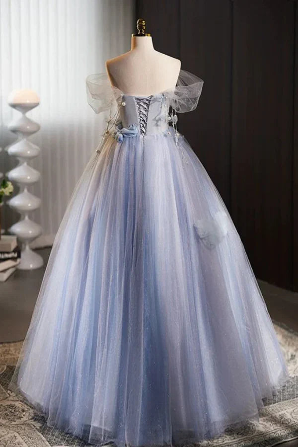 Light Blue Dreamy Off-the-Shoulder Floral-Appliquéd Light Glitter Prom Dresses