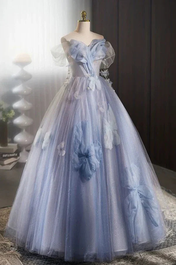 Light Blue Dreamy Off-the-Shoulder Floral-Appliquéd Light Glitter Prom Dresses