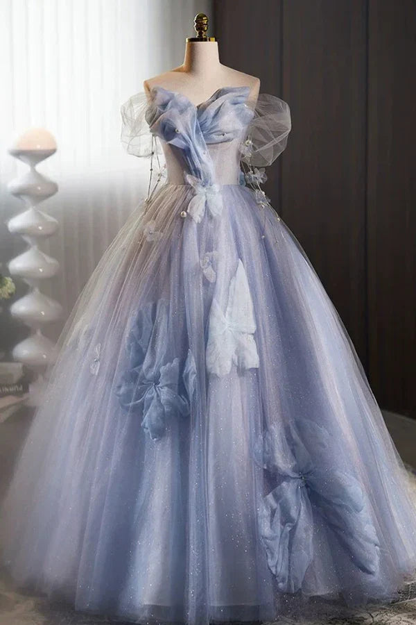 Light Blue Dreamy Off-the-Shoulder Floral-Appliquéd Light Glitter Prom Dresses