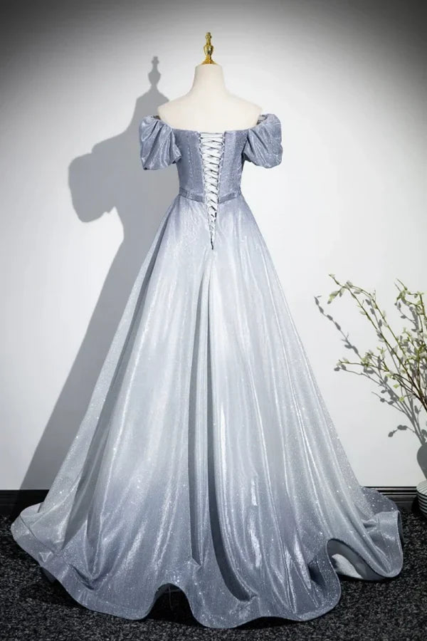 Silver Dreamy Off-the-Shoulder Short-Sleeved Ombre Glitter Party Dresses