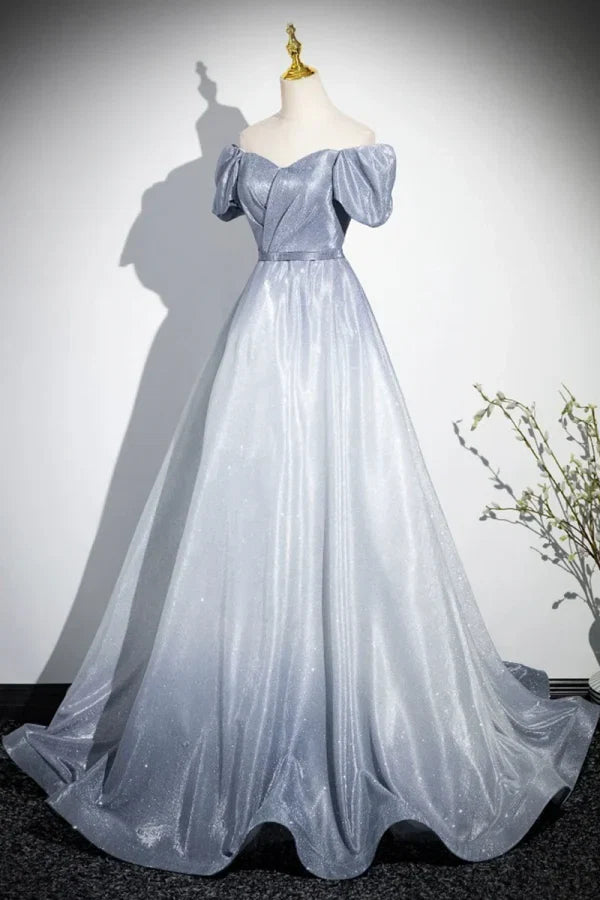 Silver Dreamy Off-the-Shoulder Short-Sleeved Ombre Glitter Party Dresses