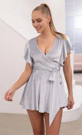 Silver Dreamy Homecoming Dress Wrap Style Flutter Sleeves V- Neckline Side Tie Belt Feminine Flow Ideal for Homecoming