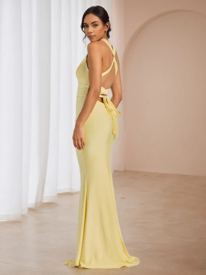 Yellow Dreamy Ball Gown Plunge V Neck Ruched Detail Dramatic Fit for Romantic Proms