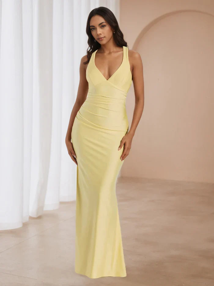 Yellow Dreamy Ball Gown Plunge V Neck Ruched Detail Dramatic Fit for Romantic Proms