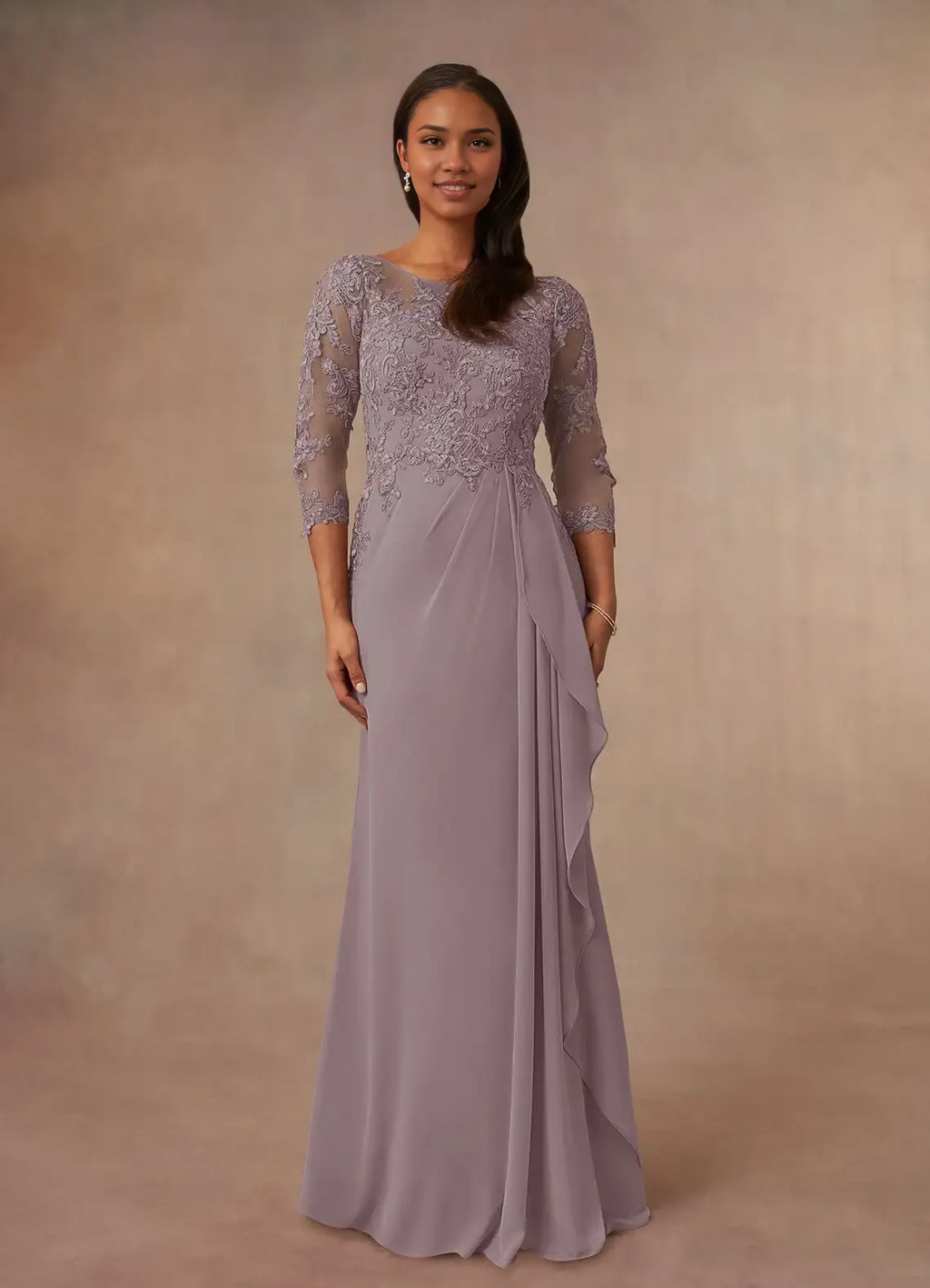 Sophisticated Graceful Elegant Champagne Chiffon A-Line Ruffle Mother of the Bride Dress