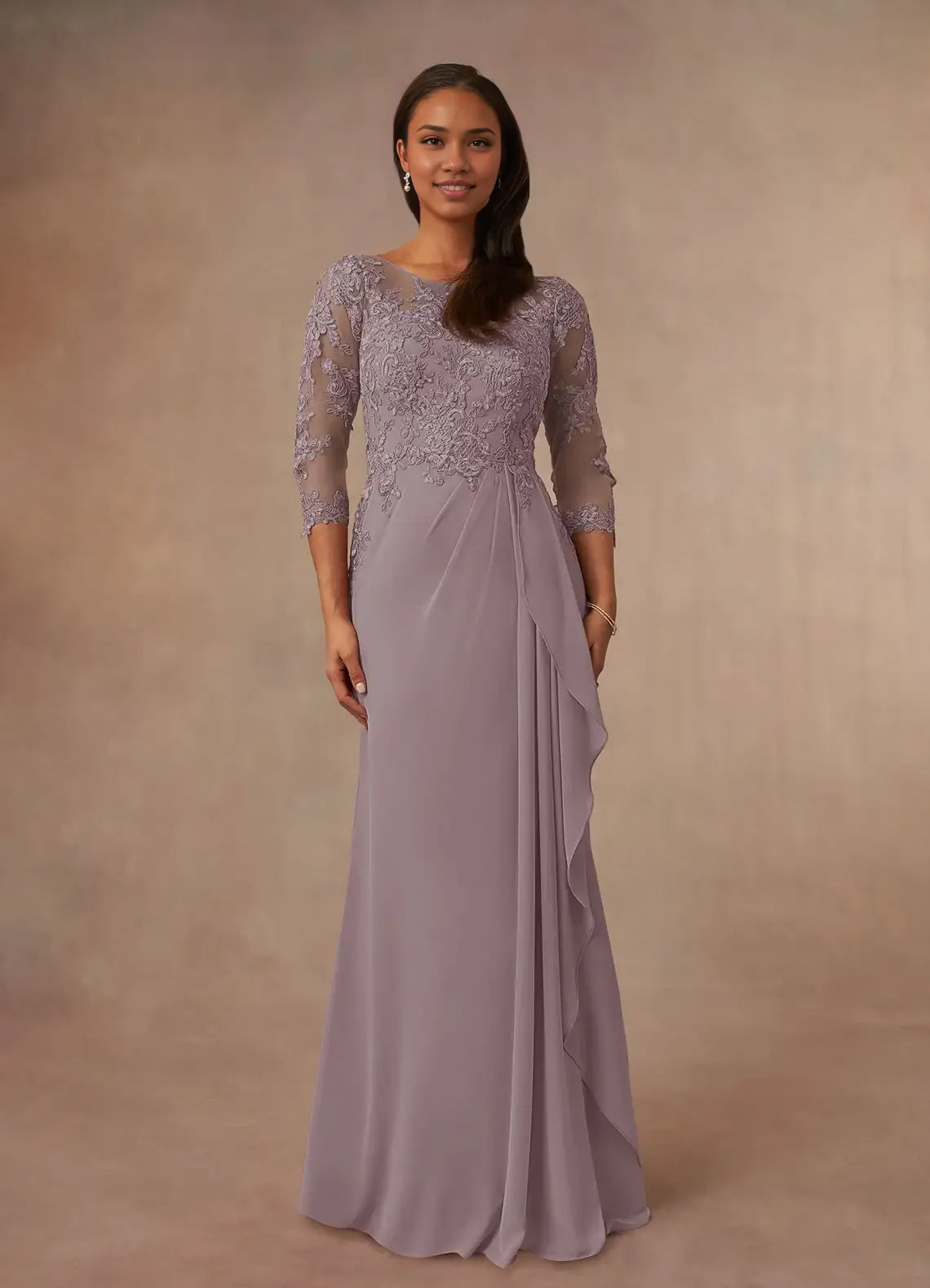 Sophisticated Graceful Elegant Champagne Chiffon A-Line Ruffle Mother of the Bride Dress