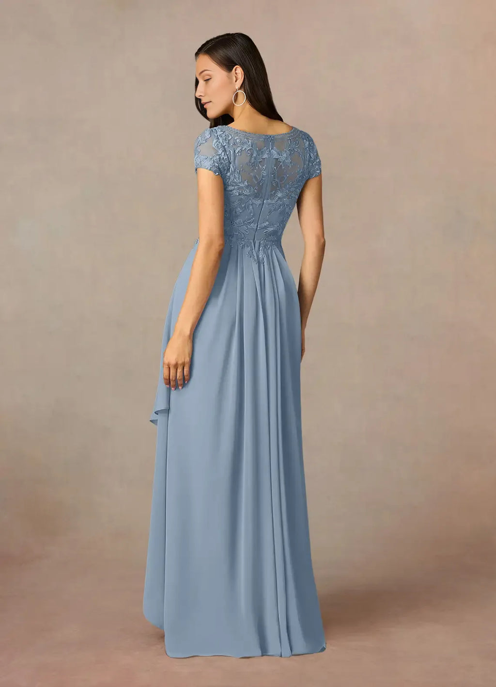 Blue Dusty A-Line Mother of the Bride Dress with Cap Sleeves Sheer Bodice and Asymmetric