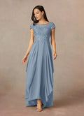 Blue Dusty A-Line Mother of the Bride Dress with Cap Sleeves Sheer Bodice and Asymmetric