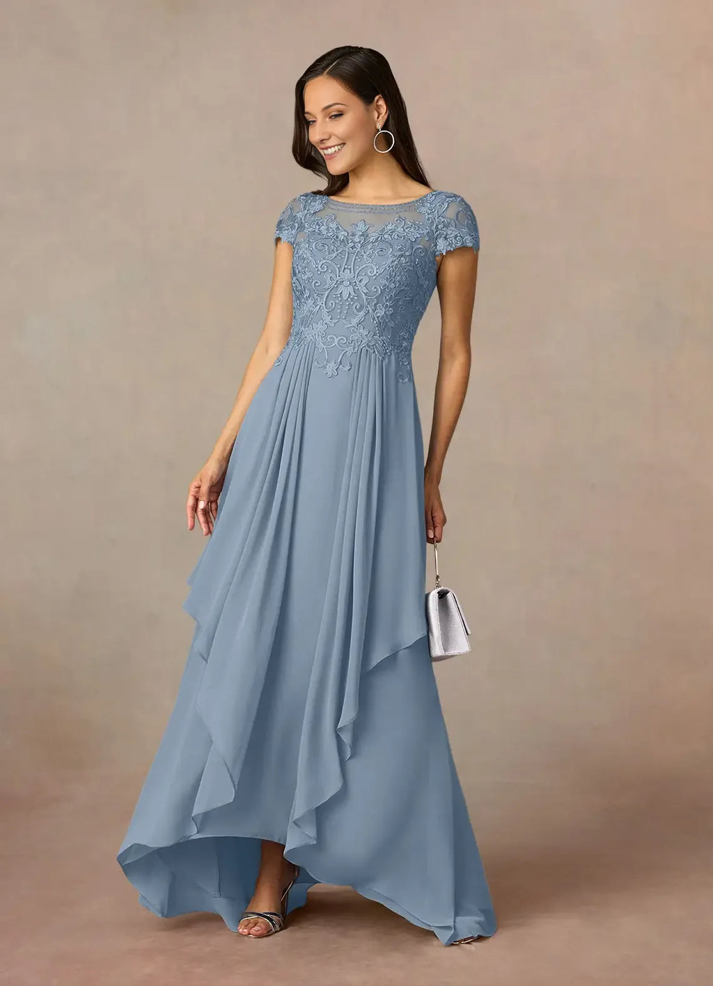 Blue Dusty A-Line Mother of the Bride Dress with Cap Sleeves Sheer Bodice and Asymmetric