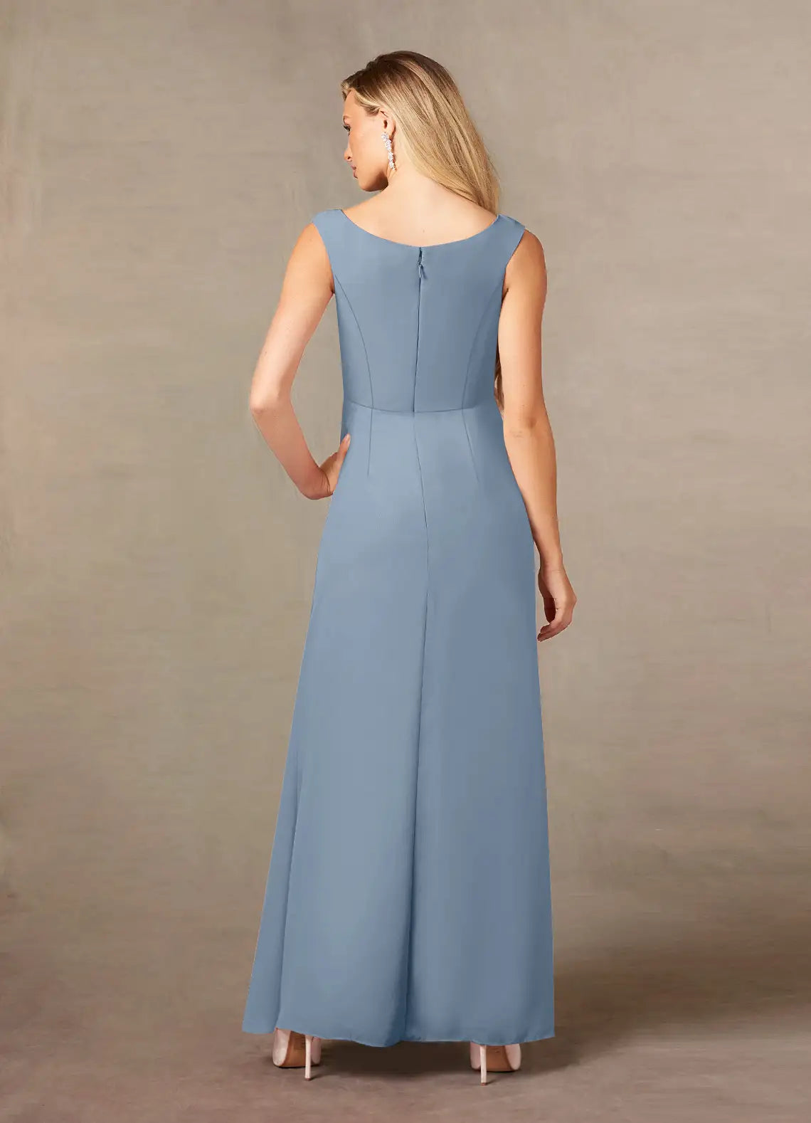 Blue Dusty A-Line Pleated Mother of the Bride Dress with Boat Neckline Draped Ruched Bodice Embellishment and Side Slit